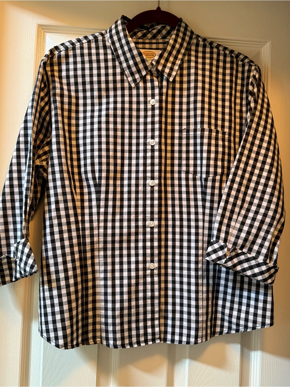 TALBOTS Women’s Cotton Gingham 3/4 Sleeve Button Front Blouse-Large